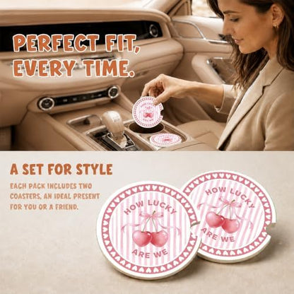 Pink Cherry Car Coasters, How Luck are We Coquette Cup Holders - Image 2