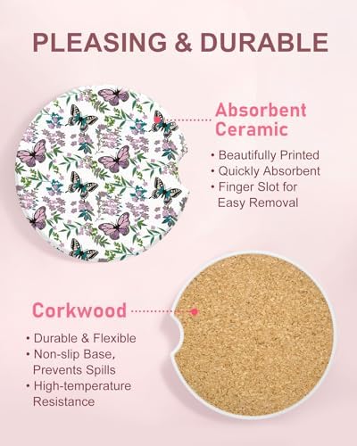 Swooflia Floral Absorbent Ceramic Car Coasters Set of 2, Cute Botanical - Image 3