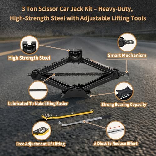 3-Ton Scissor Jack Kit, 6614 lbs Capacity, High Strength Steel, - Image 3