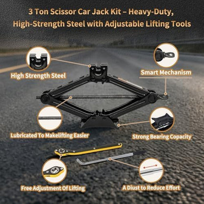 3-Ton Scissor Jack Kit, 6614 lbs Capacity, High Strength Steel, - Image 3