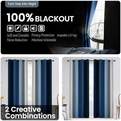 SimpleHome Ombre Blue 100% Blackout Bedroom Curtains - Image 6