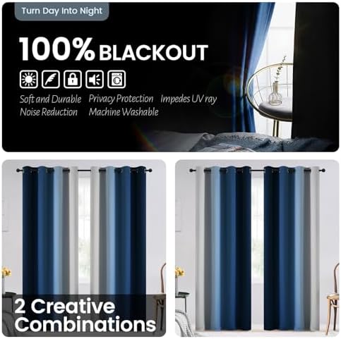 SimpleHome 100% Blackout Ombre Bedroom Curtains Blue and Greyish White - Image 3