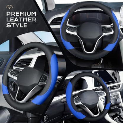 Coverado Car Steering Wheel Cover, Nappa Leather Black & Blue Steering Wheel - Image 4
