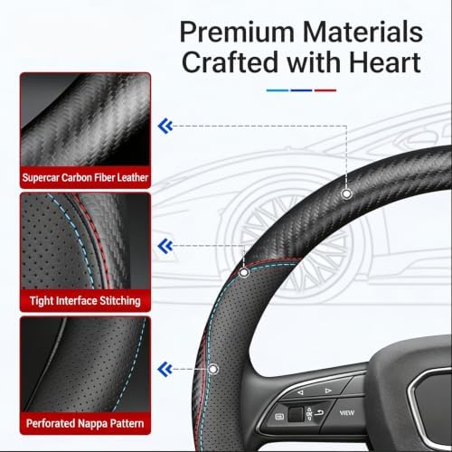 Microfiber Leather Steering Wheel Cover, D-Shape Carbon Fiber Two-Tone Wire Trim - Image 3