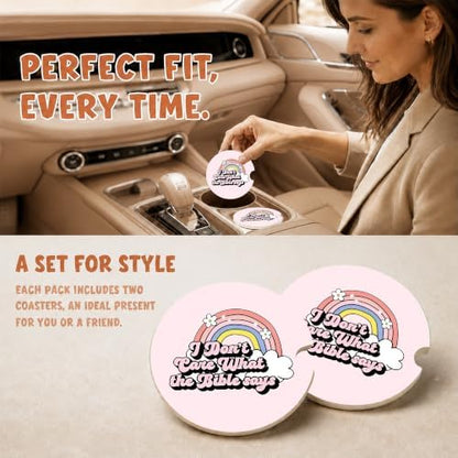 Pink Rainbow Coquette Car Coasters, Funny Sarcastic Retro Cup Holders - Image 2