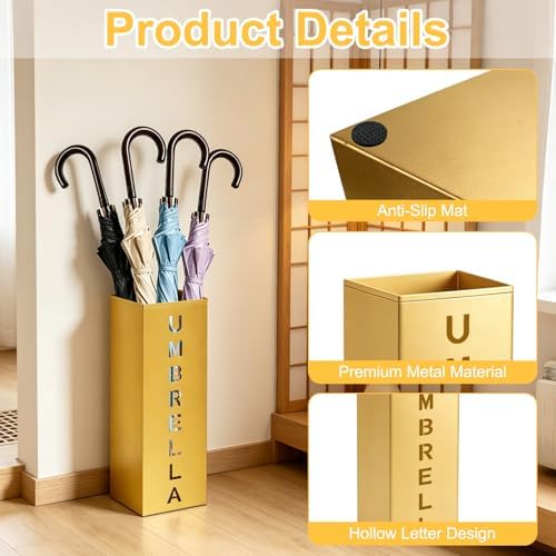 Gold Metal Umbrella Holder, Square Freestanding Umbrella Rack - Image 3