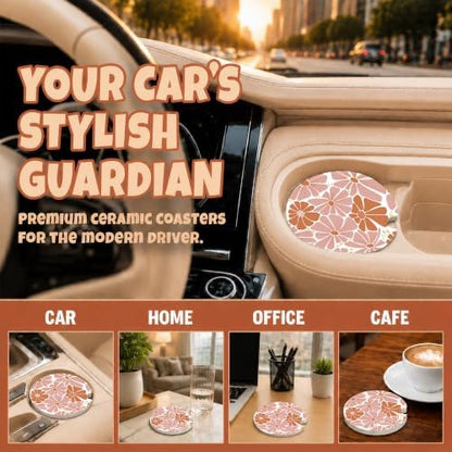 Boho Floral Car Coasters, Retro Minimalist Country Flowers Cup Holders - Image 4