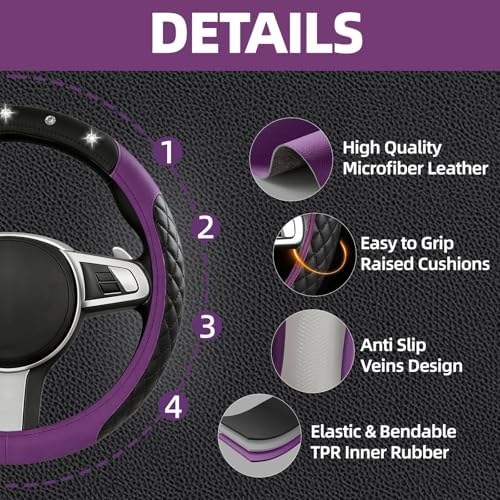 NBTEPEM 6 PCS Bling Purple Car Accessories Set, Leather Purple Steering Wheel - Image 3