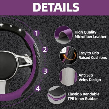NBTEPEM 6 PCS Bling Purple Car Accessories Set, Leather Purple Steering Wheel - Image 3