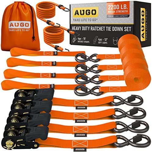 AUGO Ratchet Straps Heavy Duty 4 Pack -15 FT - 2200 LB Break Strength – Ratchet by AUGO