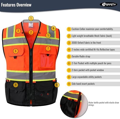 JKSafety Hi-Vis Unisex Surveyor Safety Vest Heavy Duty PPE Inner Pockets - Image 6