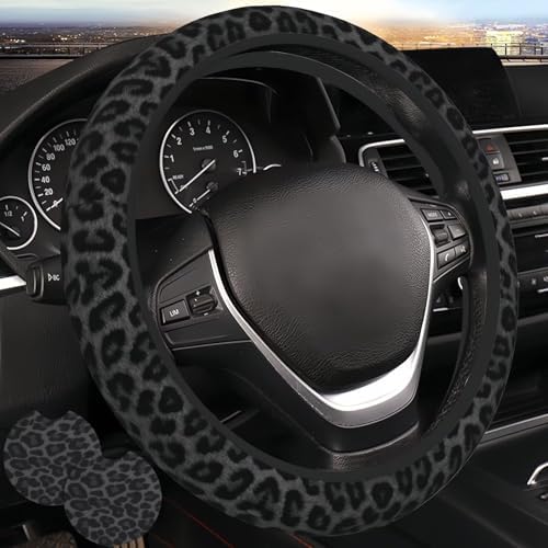 Leopard Black Steering Wheel Cover Cheetah 15in + 2 Cup Coasters by Unknown