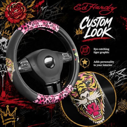 ED HARDY Tiger Print Steering Wheel Cover, Fits 14.5-15.5 Inch Steering Wheels - Image 3