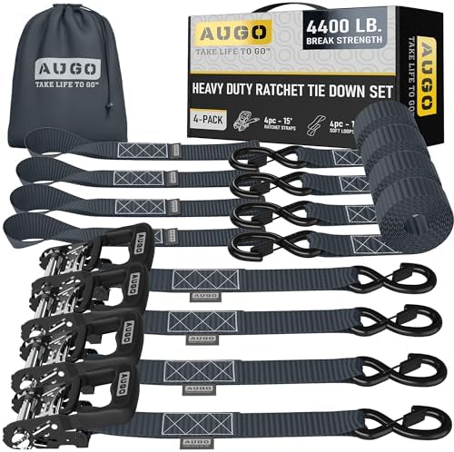 AUGO Heavy Duty Ratchet Straps & Soft Loops – Pack of 4 Extra Strong 1.5” by by AUGO