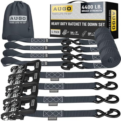 AUGO Heavy Duty Ratchet Straps & Soft Loops – Pack of 4 Extra Strong 1.5” by by AUGO