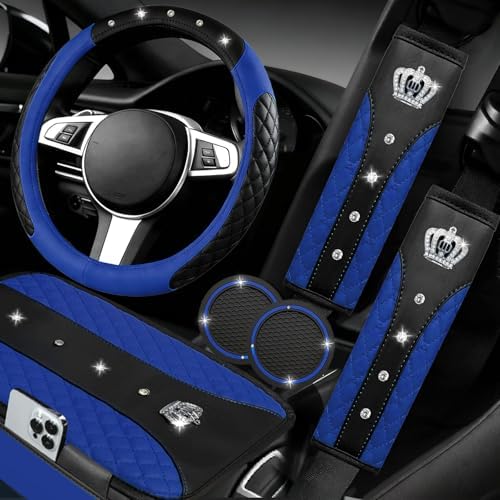 NBTEPEM 6 PCS Bling Blue Car Accessories Set, Leather Blue Steering Wheel by NBTEPEM