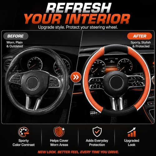 Car Steering Wheel Cover PU Leather Anti-Slip Protector Orange - Image 6