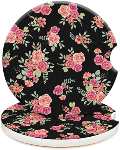 Swooflia Cute Girly Ceramic Car Coasters Pink Rose Cup Holder Coasters by Swooflia