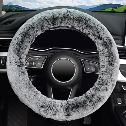 KAFEEK Fluffy Winter Steering Wheel Cover, Universal 15 Inch, Frost Grey - Image 2
