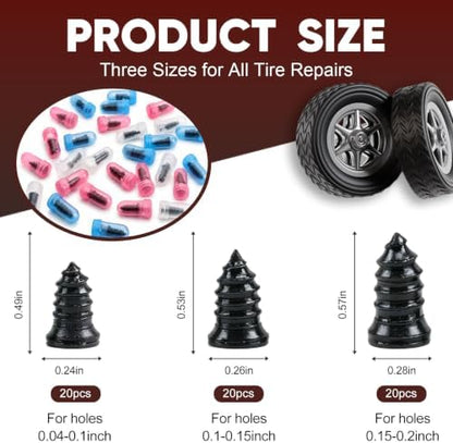 60Pcs Screw Tire Plug Repair Kit, 3 Sizes Rubber Nails - Image 2