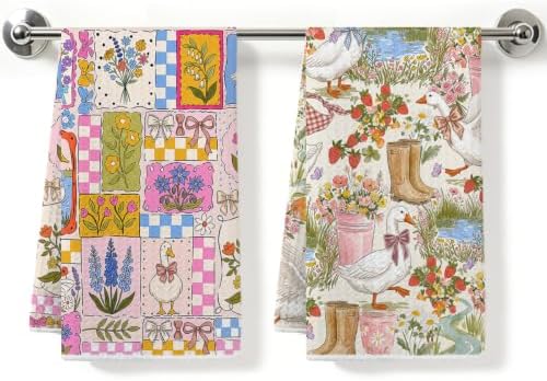 2 Pcs Cute Goose Kitchen Towels, Floral Farm Soft Absorbent Hand Tea Towel by ZHAMEN
