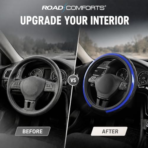 Road Comforts Leather Steering Wheel Cover – Black & Blue, Universal Fit - Image 5