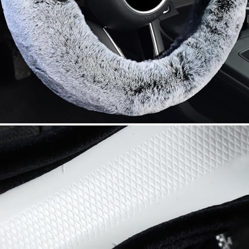KAFEEK Fluffy Winter Steering Wheel Cover, Universal 15 Inch, Frost Grey - Image 4