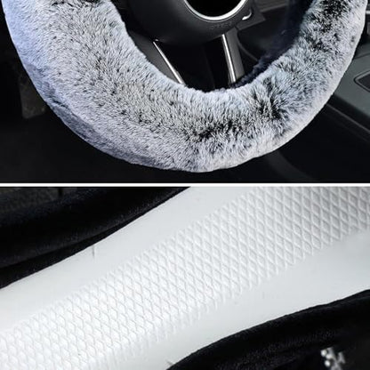 KAFEEK Fluffy Winter Steering Wheel Cover, Universal 15 Inch, Frost Grey - Image 4