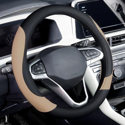 Coverado Car Steering Wheel Cover, Nappa Leather Black & Brown Steering Wheel by COVERADOAUTO