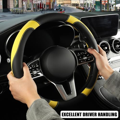 Black Yellow Breathable Microfiber Leather Steering Wheel Cover - Image 5