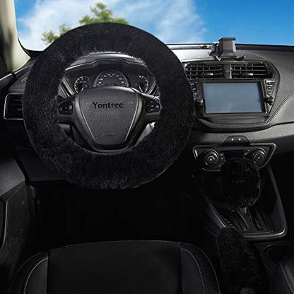 Black Furry Genuine Sheepskin Steering Wheel Cover Set - Image 2