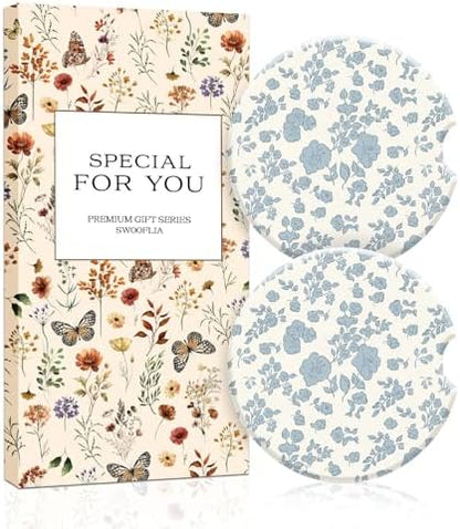 Swooflia Floral Absorbent Ceramic Car Coasters Set of 2, Cute Botanical by Swooflia