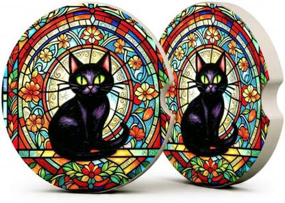 Black Cat Stained Glass Car Coasters, Retro Floral Gothic Cup Holders by Unknown