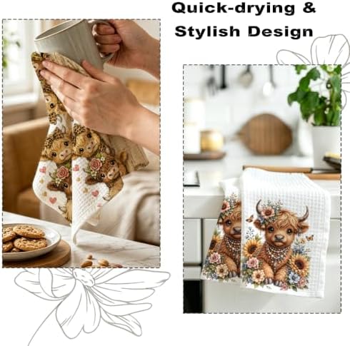 2 Pcs Cute Highland Cow Kitchen Towels, Cows Soft Absorbent Hand Towels 01 - Image 6