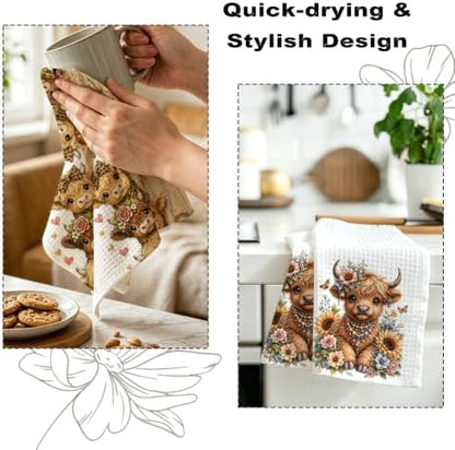 2 Pcs Cute Highland Cow Kitchen Towels, Cows Soft Absorbent Hand Towels 01 - Image 6