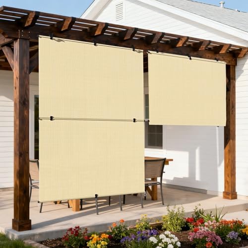 Outdoor Roller Shade 6'W x 9.5'H Cordless Shades Roll Up, Folding Exterior by Coonoble