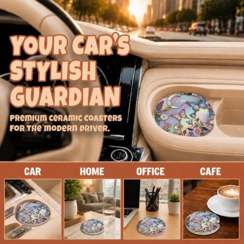 Butterflies Stained Glass Car Coasters, Dreamy Moom Floral Cup Holders - Image 4