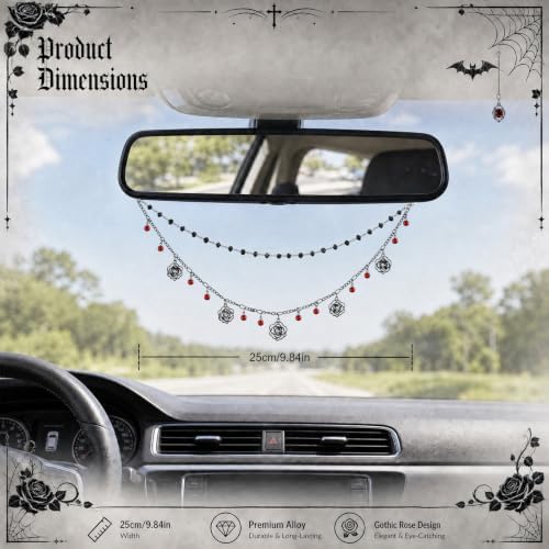 Double Chain Gothic Black Rose Rear View Mirror Charm Halloween Car Hanging - Image 2
