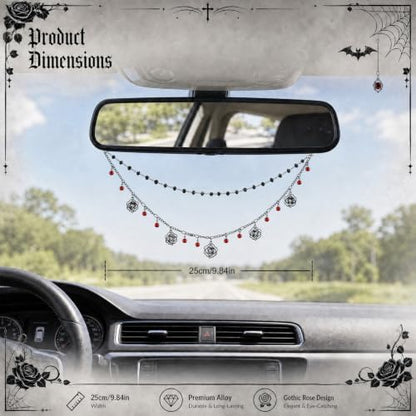 Double Chain Gothic Black Rose Rear View Mirror Charm Halloween Car Hanging - Image 2