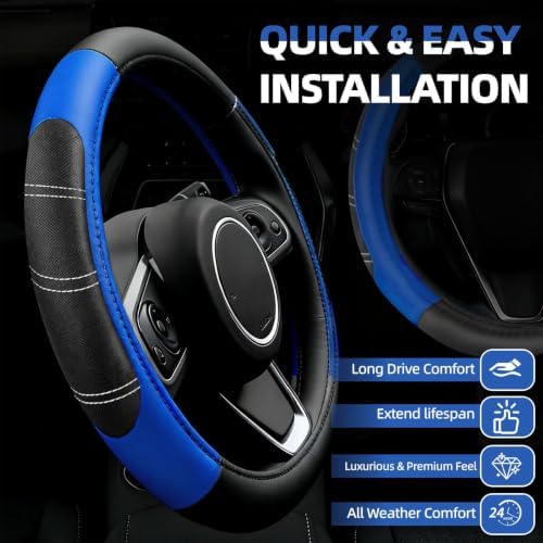 NBTEPEM 6 Pcs Blue Steering Wheel Cover Set, Sport Microfiber Leather Steering - Image 2