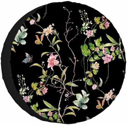 Leaves Flowers Spare Tire Cover Watercolor Black Background Wheel Covers by NOMEDOGYIM
