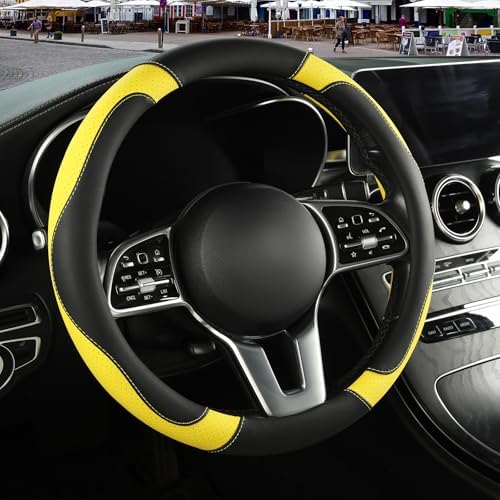 Black Yellow Microfiber Leather Steering Wheel Cover 14 inch by Binsheo