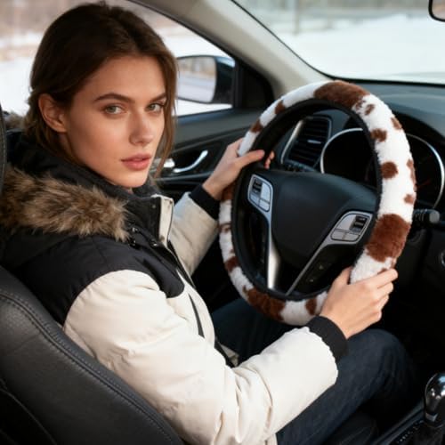 Brown Cow Print Fuzzy Steering Wheel Cover Universal-2PCS Car Coasters - Image 6