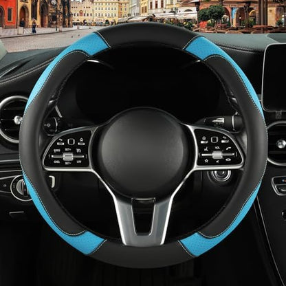 Black Blue Microfiber Leather Steering Wheel Cover 15 inch - Image 2