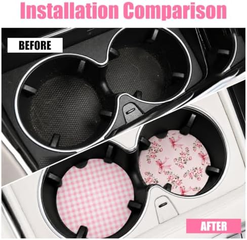 2PCS Wooden Pink Car Coasters for Women, Bow & Checkered Car Cup Coasters - Image 6