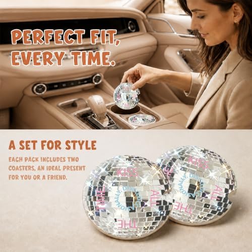 Disco Ball Car Coasters, Retro Coquette Preppy Cup Holders - Image 2
