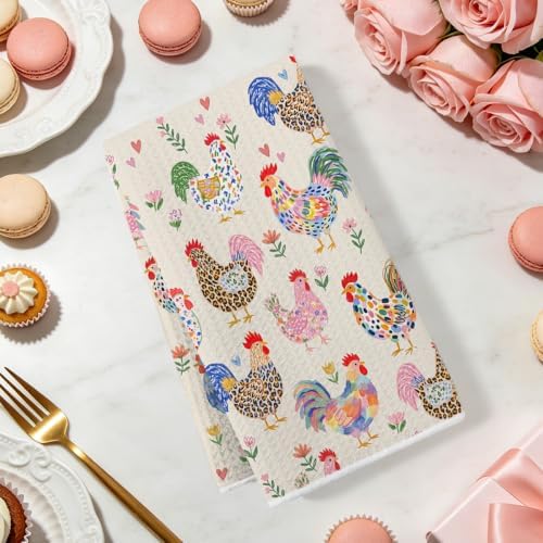 2 Pcs Cute Chicken Kitchen Towels, Floral Soft Absorbent Hand Tea Towel 02 - Image 2