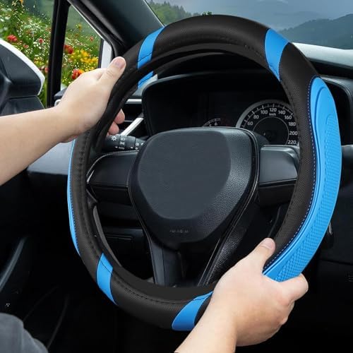 Concave Convex Massage Black Blue Microfiber Leather Steering Wheel Cover - Image 2
