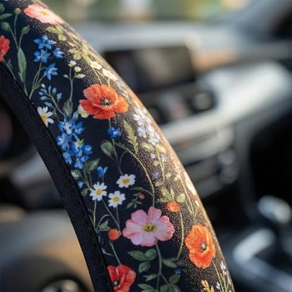 Wildflower Car Steering Wheel Cover 15 in, 2 Cute Floral Car Coasters - Image 3