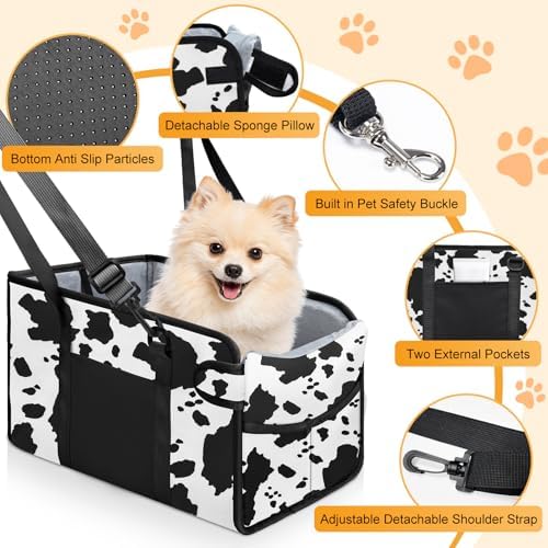 Portable Dog Car Seat for Small Dogs, Puppy Car Seat, Cow Pattern - Image 3